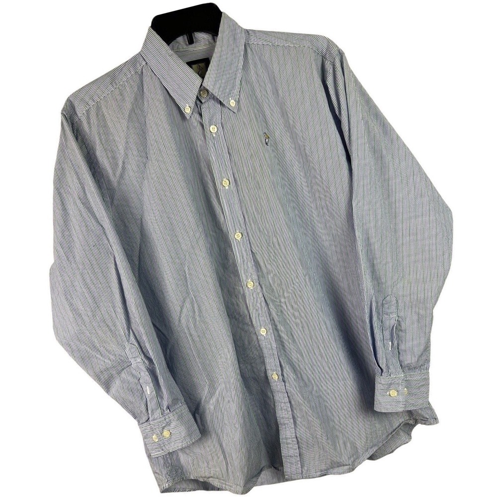 Mobile Bay Button Down Mens Large Blue Green Striped Pelican Logo LS Shirt C20